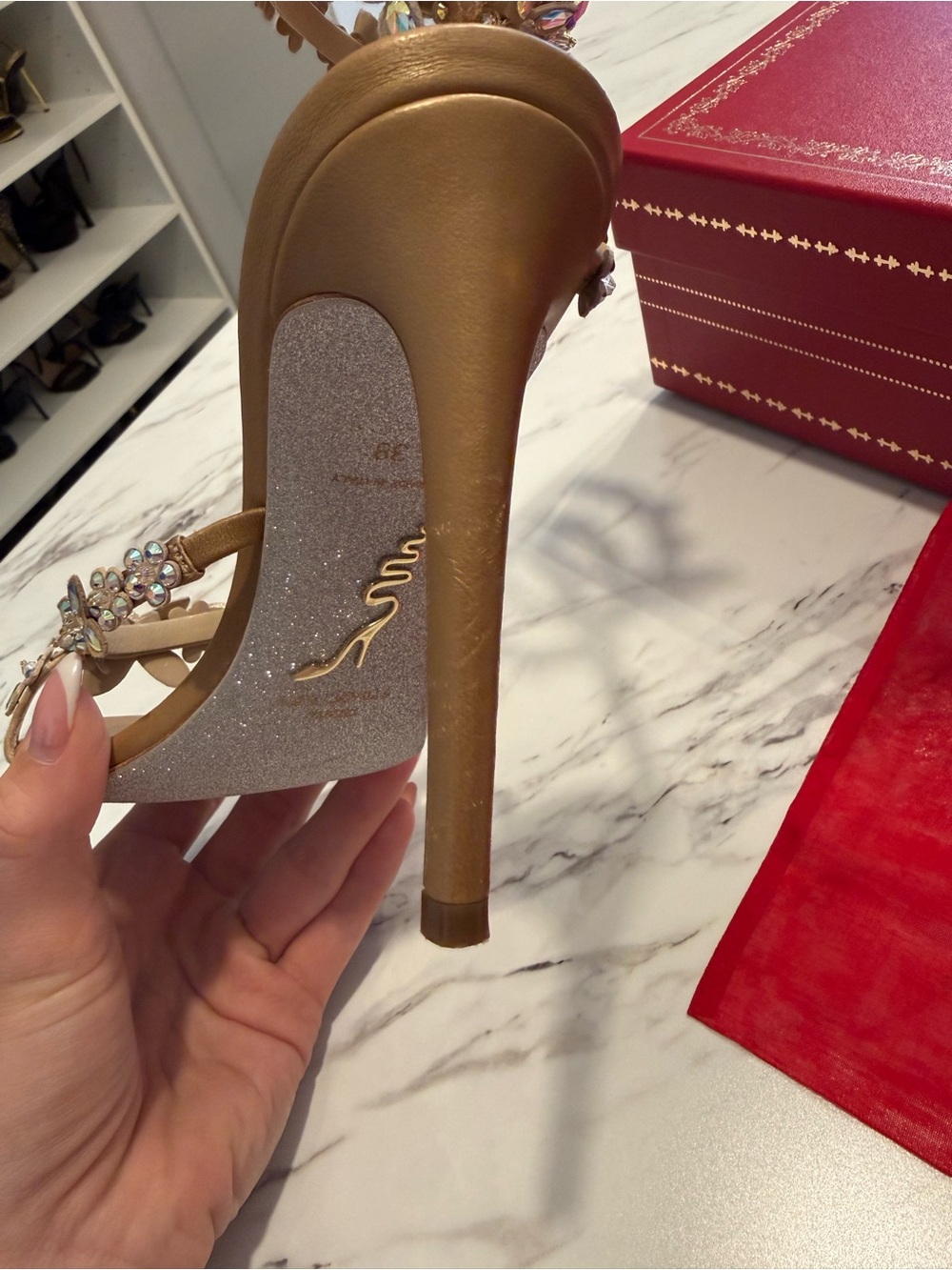 Rene Caovilla Eden Nude Sandal 105 Crystal Embellished Ankle Wrap - Picture 6 of 16